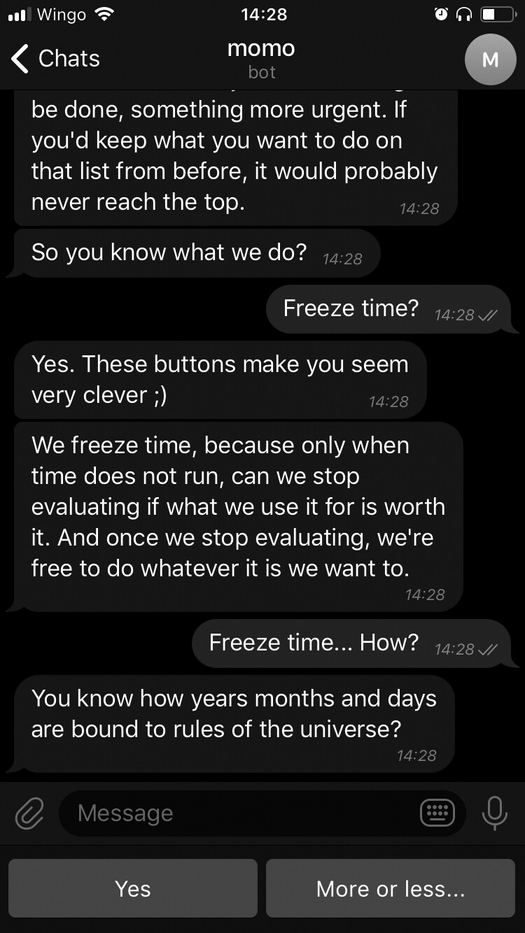 «Momo», a chatbot, accompanies and supports us. She is the one who freezes our time.