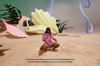 Still final artwork, @fucktransia in the pink beach, Unreal Engine.(2023) Credits:@fucktransia Galleani d’Agliano L., Nguyen H-D.,Schönbeck J