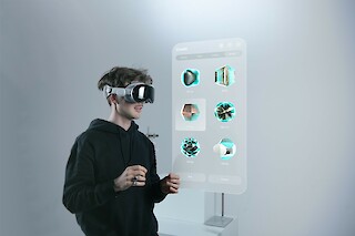Visitor interacting with the exhibited laboratory setting using Apple Vision Pro