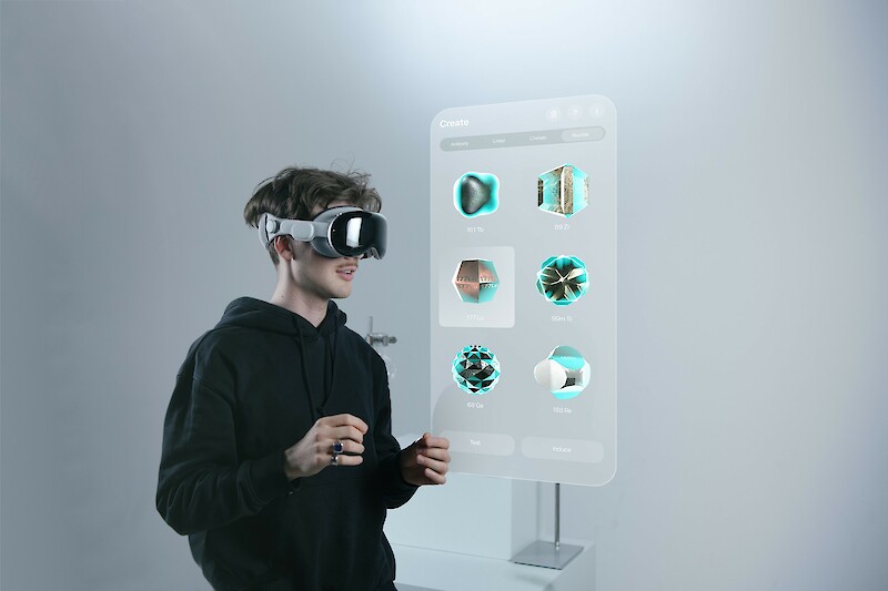 Visitor interacting with the exhibited laboratory setting using Apple Vision Pro
