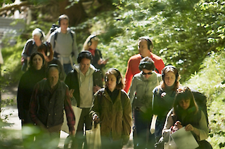 Participants soundwalking through the woods in Safiental, May 2024, Photo taken by Niklas Kammel
