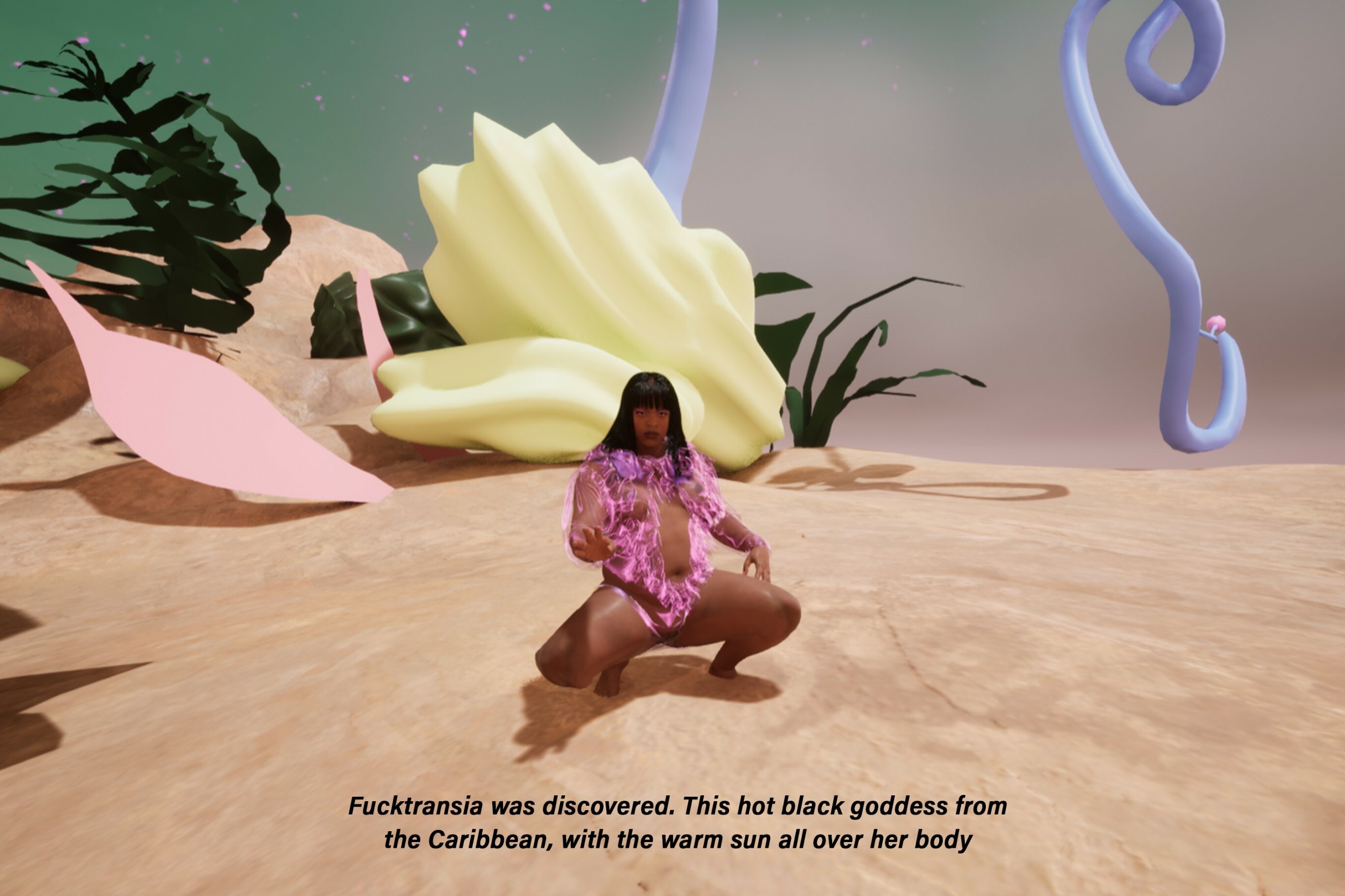 Still final artwork, @fucktransia in the pink beach, Unreal Engine.(2023) Credits:@fucktransia Galleani d’Agliano L., Nguyen H-D.,Schönbeck J